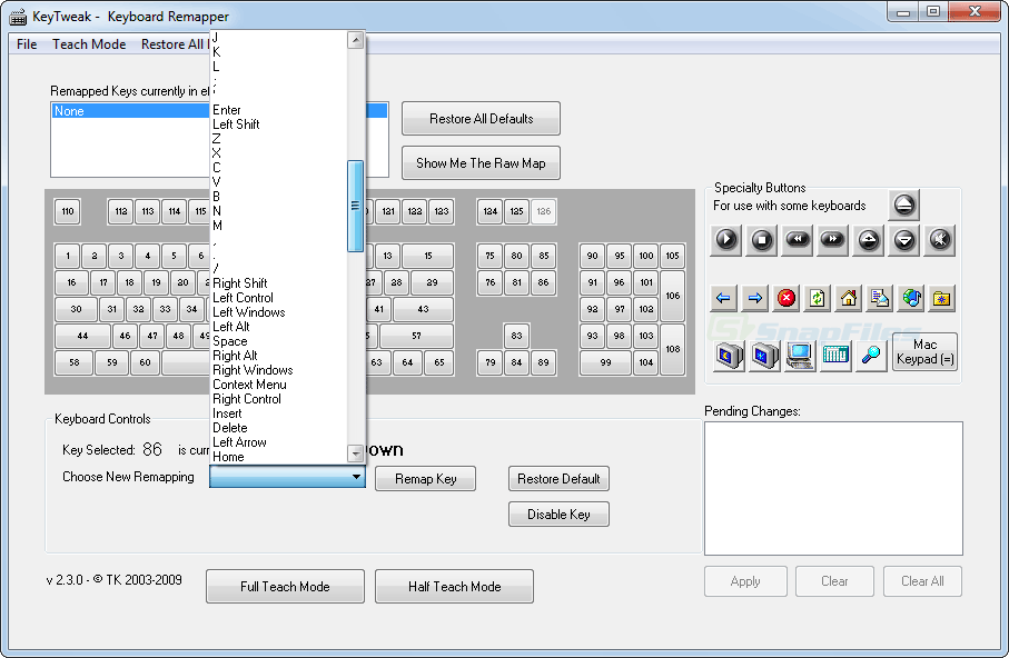 KeyTweak Keyboard Controls panel with key remapping dropdown, Teach Mode buttons, and Restore Defaults