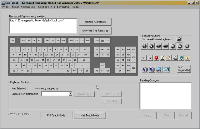 KeyTweak showing Current Remappings list and the Apply button after setting up a key remap